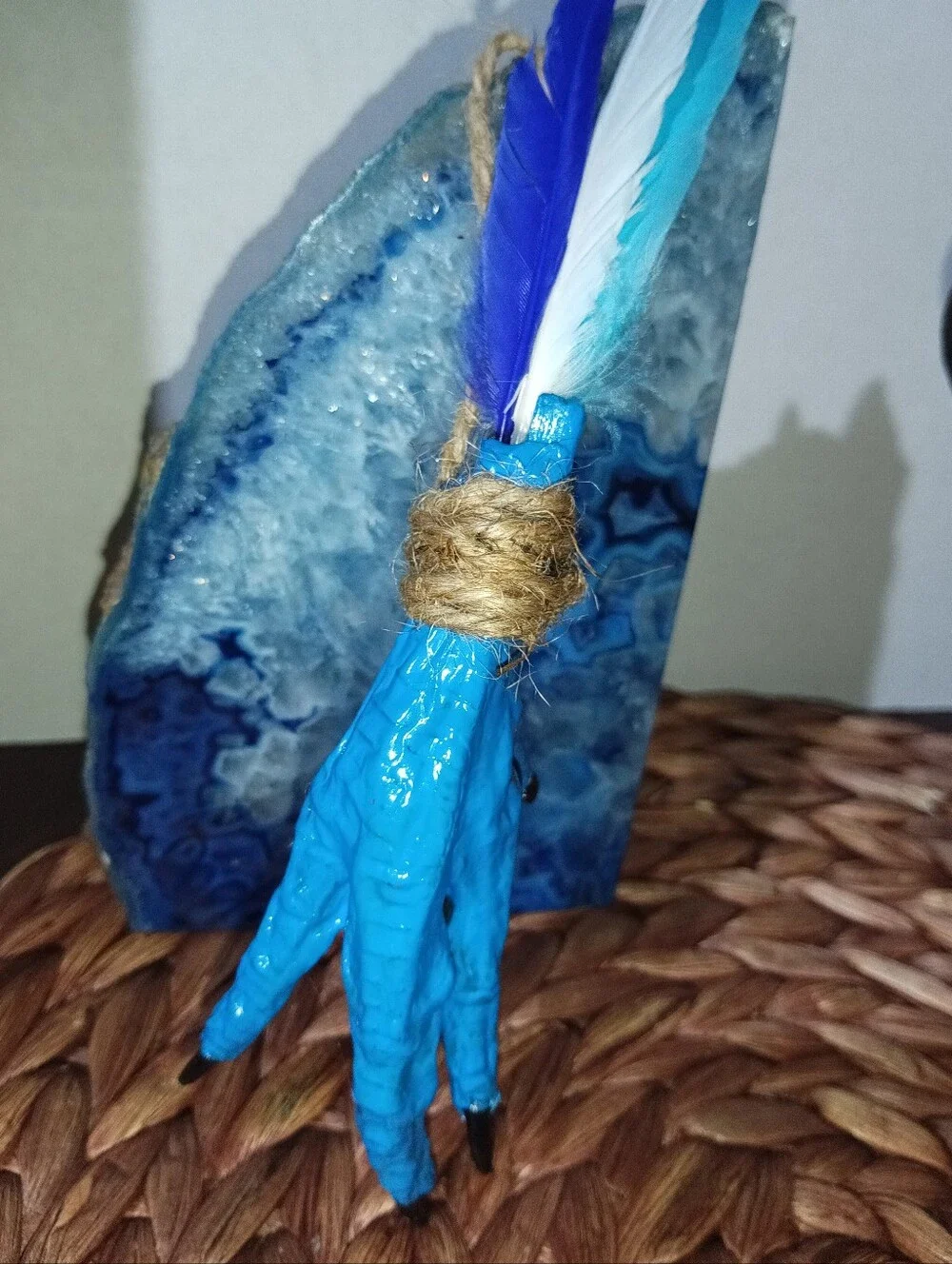 Blue Chicken Foot Amulet | Handcrafted Folk Art Talisman | Feather Curio